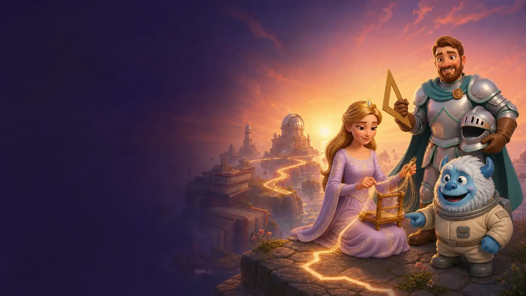 A magical weaver, a friendly knight and a blue space creature stand beneath a purple sky