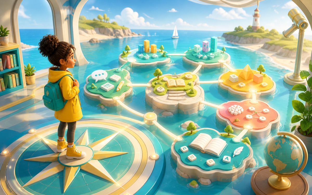 A learner exploring a coastal curriculum map of connected lessons and topics